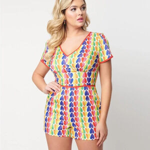 Size M - NWOT Unique Vintage Rainbow Hearts Romper